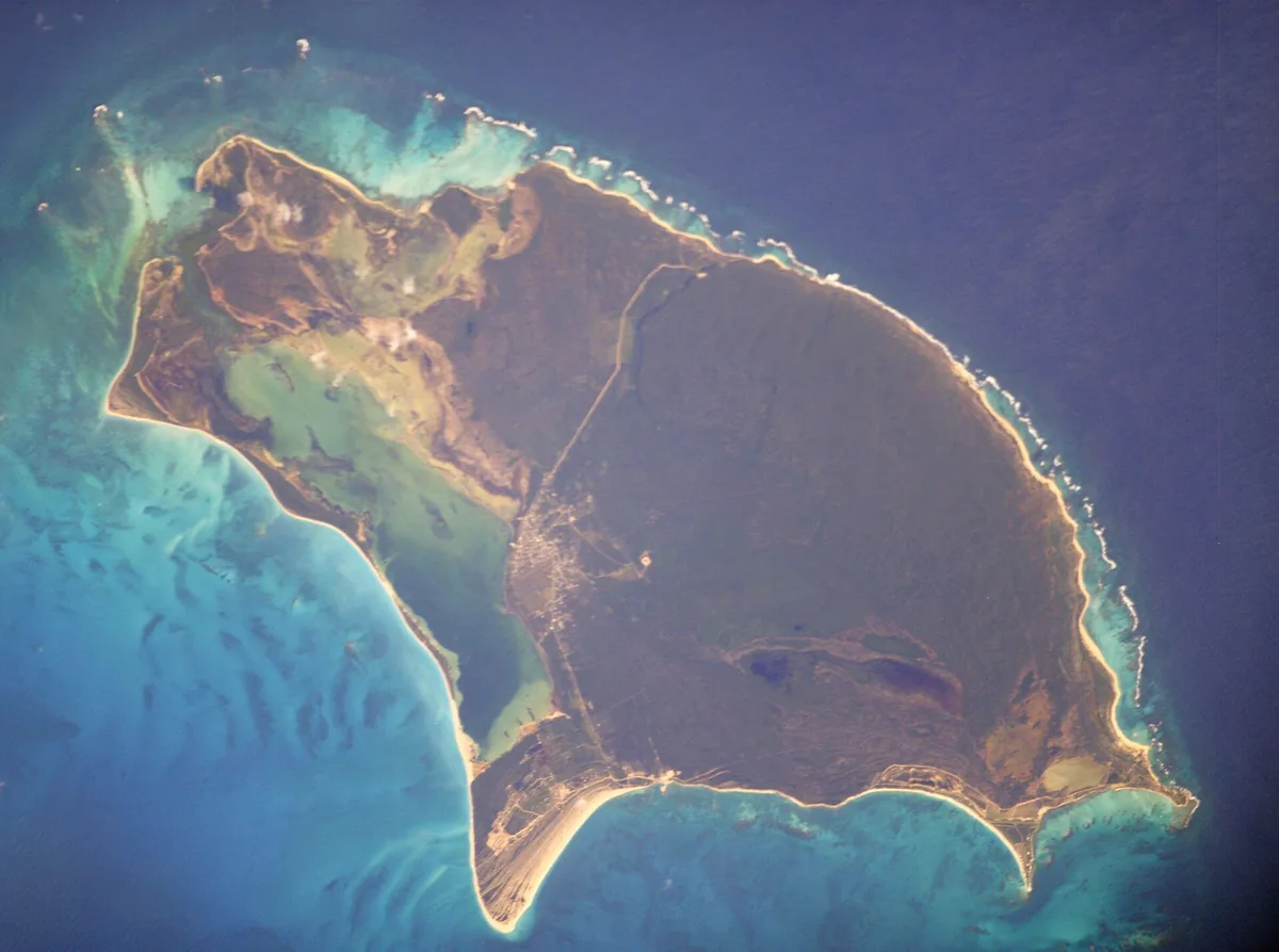 The island of Barbuda and its shallow turquoise reefs photographed from the International Space Station