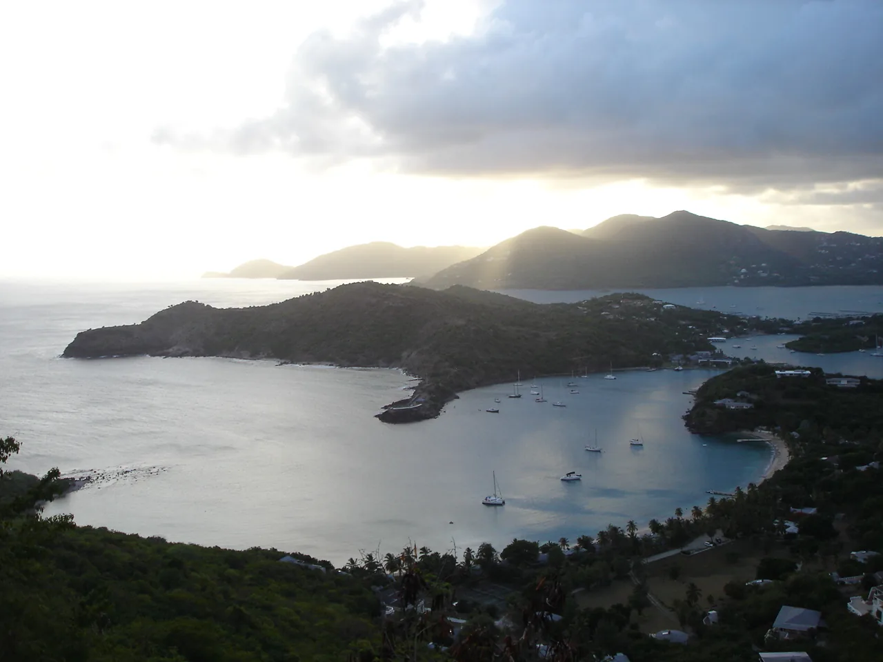 Dusk over the hills and bays around English Harbour seen from Shirley Heights, Antigua