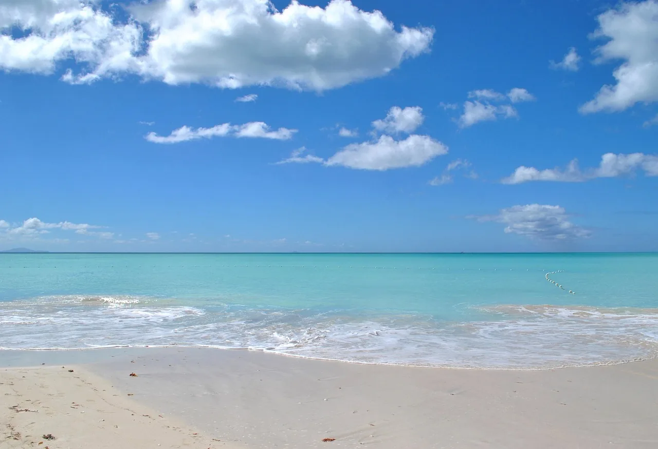 A quiet white sand beach in Antigua with clear turquoise water under a blue sky
